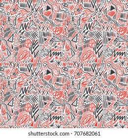Geometric doodle hand drawn seamless pattern. Random decorative elements. Vector illustration