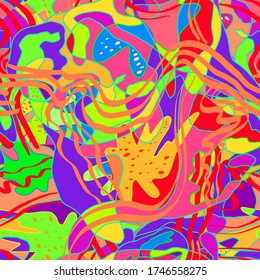Geometric doodle pattern fiction psychedelic. Neon current shapes vibrant. Vivid tropical flowers. Abstract color vector memphis printing children's prints on textiles, fabrics, clothes, boys, girls.