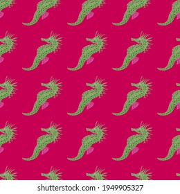 Geometric doodle seamless pattern with green seahorse hand drawn print. Pink background. Decorative backdrop for fabric design, textile print, wrapping, cover. Vector illustration.