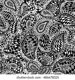 Geometric doodle seamless wallpaper pattern. Illustration with paisley ornaments and chess texture. Textile with hand-drawn checker elements. Black and white color.