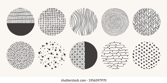 Geometric doodle shapes of spots, dots, circles, strokes, stripes, lines. Set of circle hand drawn patterns. Vector textures made with ink, pencil, brush. Template for social media, posters, prints.