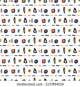 Geometric Doodle Shapes Vector Pattern Seamless Background, Red Blue Yellow Hand Drawn Scribble Illustration for Trendy Home Decor, Summer Fashion Prints, Gift Wrap, Kids Clothing & Modern Stationery