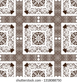 geometric doodle sketch pattern with ornate lace frame. Tribal ethnic ornament. Bandanna shawl, tablecloth fabric print, silk neck scarf, kerchief design
