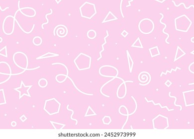 Geometric doodles seamless pattern. Fun 1990s style white pink fashion print design. Dynamic smart funky vector texture.