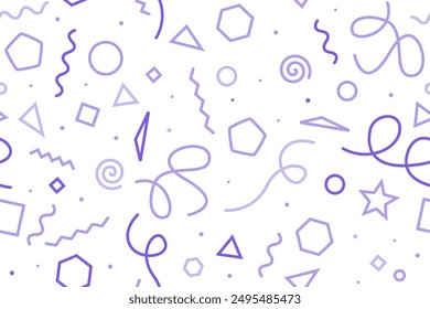 Geometric garabatos patrón sin fisuras. Diseño divertido de la impresión de la moda blanca púrpura de los años 90. Textura dinámica de Vector funky inteligente.