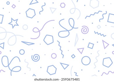 Geometric doodles seamless pattern. Fun 1990s style blue white fashion print design. Dynamic smart funky vector texture.