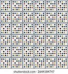 Geometric dot pattern in square design of color tone. Seamless geometry background with grey, mustard, brick red. Concept of bold, retro, classic, vintage for wallpaper, textiles, background, print.