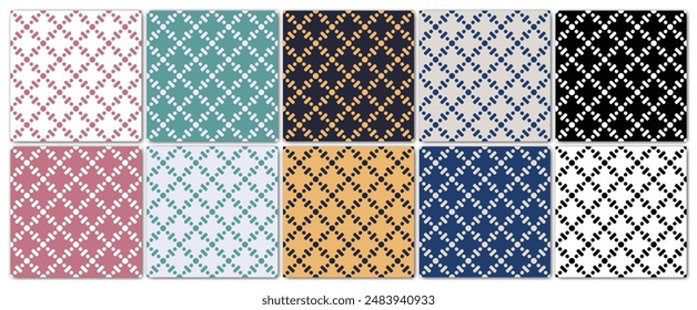 Geometric Dots Modern Seamless Pattern Set: Black-White, Blue-Light Beige, Navy-Gold, Teal-Gray, and Pink. Simple Creative Minimalist Design, Elegant Motifs Vector Background Collection.
