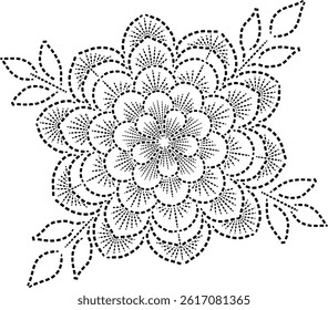 Geometric Dotted Central Flower with Overlapping Petals    with Peripheral Leaves, Dashed Line Decorative or Embroidery Design Hand drawn Flower in dotted flat style Vintage floral Illustration Vector