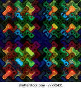 Geometric dotted and curve lined modern art seamless pattern. Vector abstract repeat background. Bright and multicolored, useful and positive.