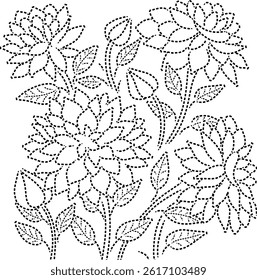 Geometric Dotted Dahlias Flowers Design Element,  Hand Drawn Black Vintage Floral Decorative or Embroidery Design Element, can be used to create patterns for fabric, carpet, curtain wallpaper cushion 