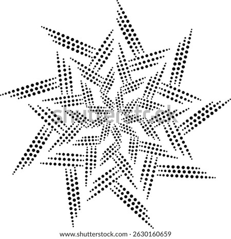 Geometric Dotted Rotating and Glowing Star, Black Dotted Star Symbol, Black Dotted Abstract Star Design Element with dynamic motion effect ideal for fabric, curtain, cushion, wallpaper, gift wrap 