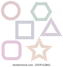 Geometric dotted shapes. Circle, square, triangle. Colorful vector outlines. Abstract star detail.