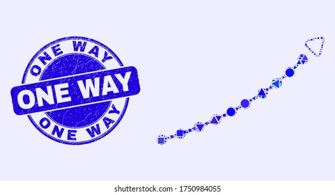 Geometric dotted up trend arrow mosaic icon and One Way seal. Blue vector round textured seal stamp with One Way message. Abstract mosaic of dotted up trend arrow designed of spheric, triangles,