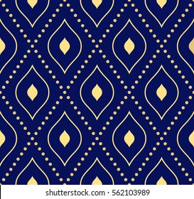 Geometric dotted vector blue and golden pattern. Seamless abstract modern texture for wallpapers and backgrounds