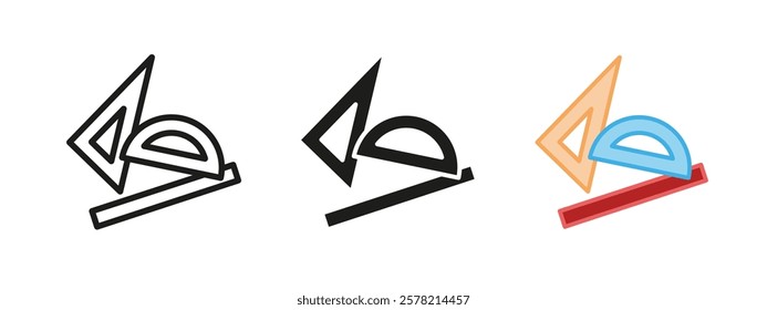 Geometric drafting icon. School stationery vector illustration. Geometry class symbol. Triangular ruler and protractor sign. Education and study pictogram. Architectural and engineering equipment.