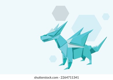 Geometric dragon of blue green colors, origami animal design.