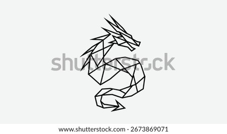 Geometric dragon design, black lines forming a polygon-styled dragon coiled in an S shape.