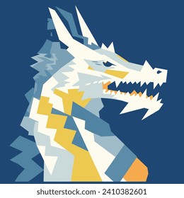 Geometric dragon head in blue background, modern flat design mythical creature. Fantasy animal, dragon portrait vector illustration.