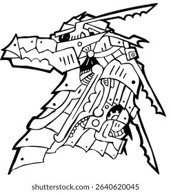 Geometric Dragon Illustration head side black and white line art