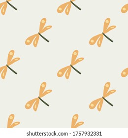 Geometric dragonfly seamless pattern on light background. Cute dragonflies wallpaper. Decorative backdrop for fabric design, textile print, wrapping, cover. Doodle vector illustration