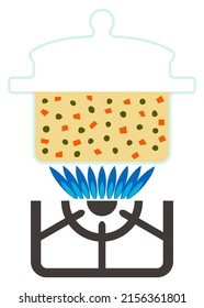 Geometric drawing of a glass pan on a gas burner in which broth with peas and carrots is cooked