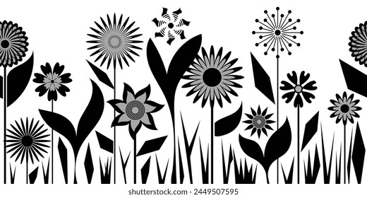 Geometric drawing of grass and flowers, summer meadow, seamless border, vector illustration