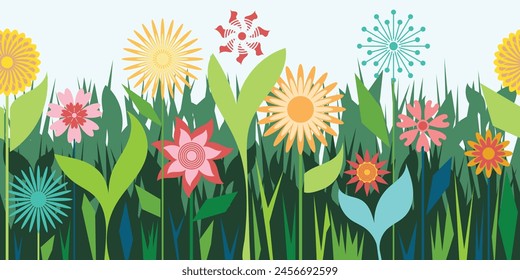 Geometric drawing of grass and flowers, summer meadow, seamless border, vector illustration