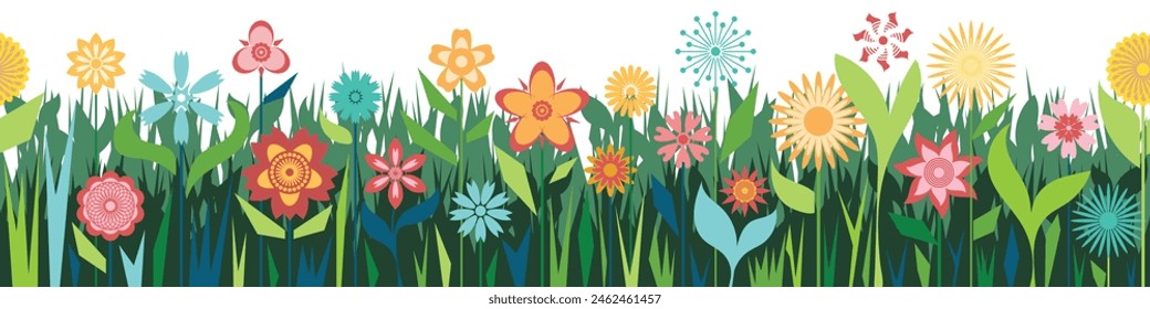 Geometric drawing of grass and flowers, summer meadow, seamless border, vector illustration