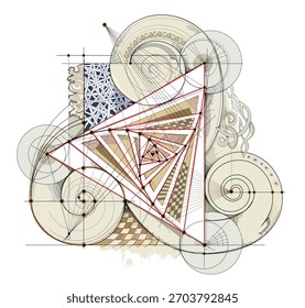 Desenho geométrico com triângulos rotativos. Antigo triskelion celta vintage. Ornamento espiral triplo gotejamento com padrão de nó celta. Geometria mágica. Imprimir para logotipo, ícone, moeda, tatuagem. Vetor desenhado à mão