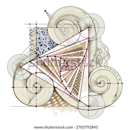 Geometric drawing with rotating triangles. Old Celtic triskelion vintage. Triple trickle spiral ornament with Celtic knot pattern. Magic geometry. Print for logo, icon, coin, tattoo. Hand drawn vector