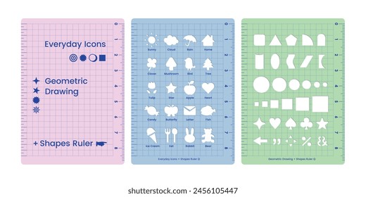 Geometric drawing shapes ruler Template stencils for Kids multi-function measuring supplies office study student flat icons grid gradation dashed line dotted line centimeter collection trendy design