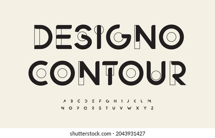 Geometric drawn font cutting edge letters outline art contour alphabet. Minimalistic futuristic typographic for modern architecture logo, abstract monogram, hud scifi text, techno space lettering