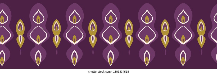 Geometric drop ornament border. Seamless repeating. Hand drawn vector illustration. Abstract flourish lineart in decorative purple. Banner ribbon. Summer fashion trim, retro style home decor edging.