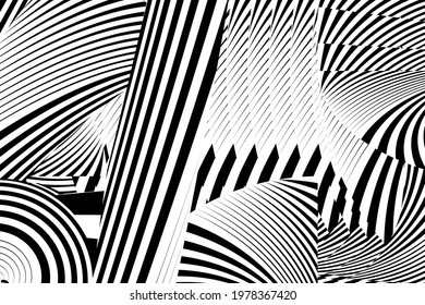 Geometric dynamic pattern, abstract halftone lines black and white circle background, vector modern design texture.