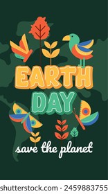 Geometric earth day card Plants and butterflies Vector illustration