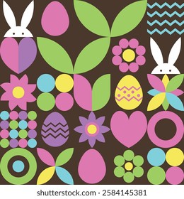 Geometric East background with bunny, egg and flower. Abstract pattern design. Vector illustration