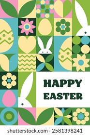 Geometric East greeting card with bunny, egg and flower. Abstract pattern design. Vector illustration