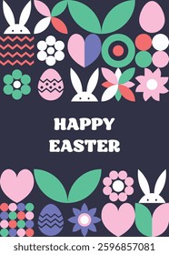 Geometric East greeting card with bunny, egg and flower. Abstract pattern design. Vector illustration