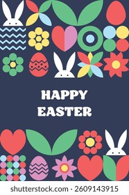 Geometric East greeting card with bunny, egg and flower. Abstract pattern design. Vector illustration