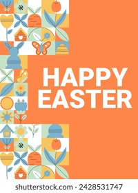 Geometric Easter banner in retro style for celebration design. Holiday spring concept. Flat minimal vector illustration