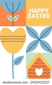 Banner geométrico de Pascua en estilo retro para diseño de celebración. Concepto de primavera de vacaciones. Diseño sencillo. Ilustración vectorial plana mínima
