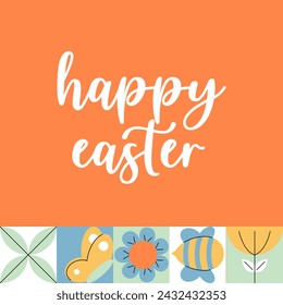 Banner geométrico de Pascua en estilo retro para diseño de celebración. Primavera de vacaciones y concepto floral. Ilustración vectorial plana mínima