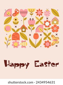 Geometric Easter banner in retro style for celebration design. Holiday spring concept. Trendy summer design. Flat minimal vector illustration
