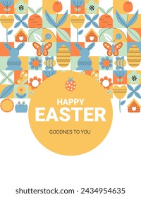 Geometric Easter banner in retro style for holiday design. Spring concept. Trendy floral card. Flat minimal vector illustration