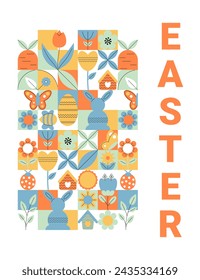 Banner geométrico de Pascua en estilo retro para diseño de vacaciones. Concepto de primavera. Lindo diseño colorido. Ilustración vectorial plana mínima
