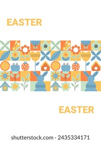 Geometric Easter banner in retro style for holiday design. Spring concept. Trendy card. Flat minimal vector illustration