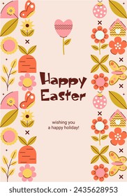 Geometric Easter banner in retro style for holiday design. Spring and summer concept. Trendy floral card. Flat minimal vector illustration