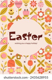 Geometric Easter banner in retro style for holiday design. Spring and summer concept. Trendy colorful card. Flat minimal vector illustration