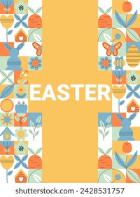 Geometric Easter card in retro style for celebration design. Holiday spring concept. Flat minimal vector illustration
